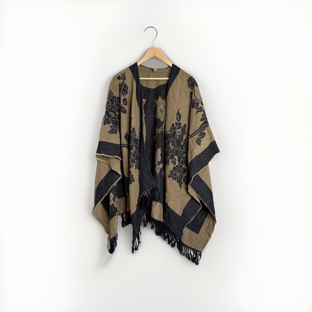 Accessory Street Tan/Black  Acrylic Poncho Cape Sweater Cardigan Wrap Shawl